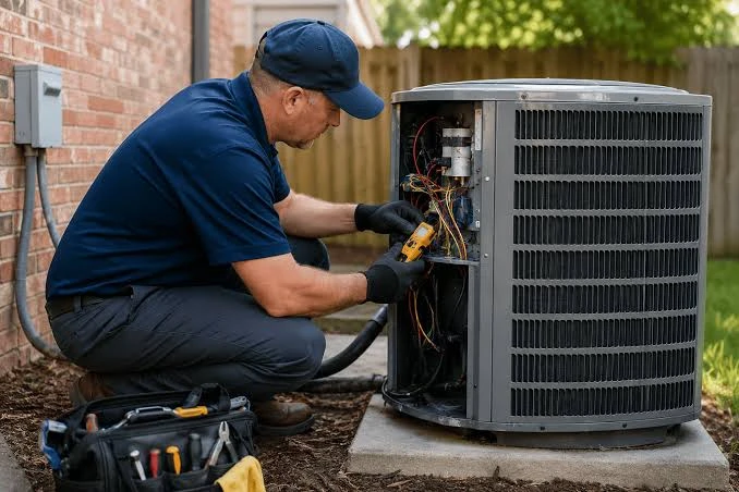 HVAC technician testing an outdoor air conditioning unit beside a home