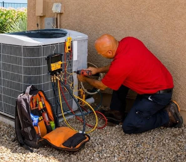 Technician working on an outdoor condenser with diagnostic gauges